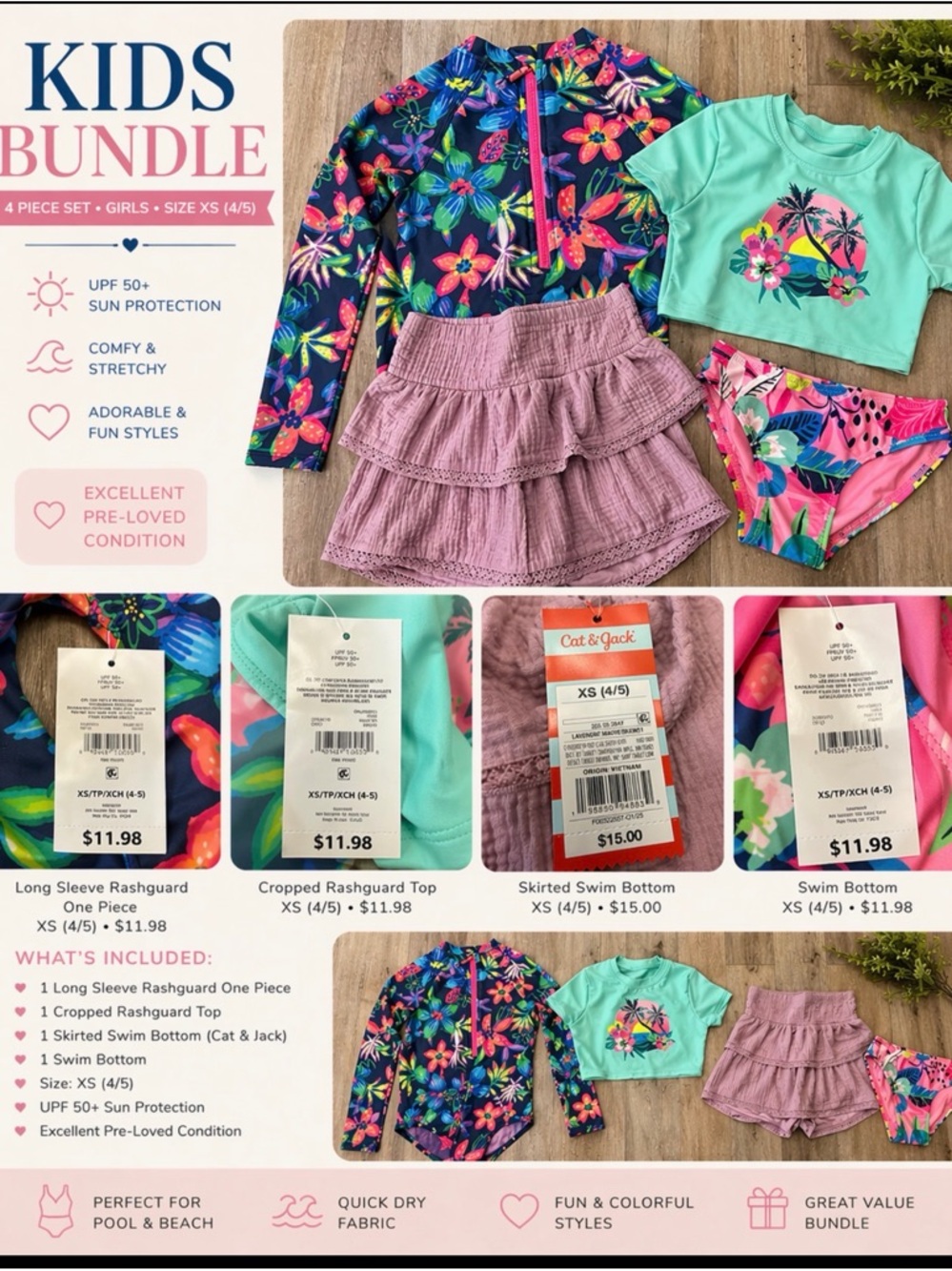 Girls Kids Swim Bundle XS 4/5 Rash Guard Set Cat & Jack Ocean Gear 4pc NWT